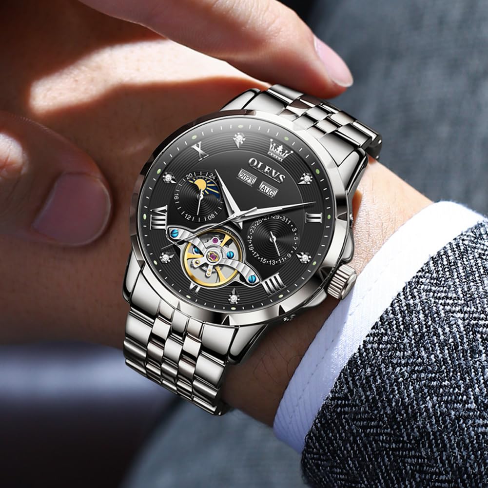 OLEVS Mechanical Automatic Winding Moon Phase Stylish Skeleton Waterproof Popular Watch Luminous Watch for Men Black White Men's &
