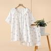 Pajamas Women's Summer Crepe Cotton Yarn Crew Neck Lace Cardigan Homewear Short Sleeve Shorts Loose Large Size Homewear