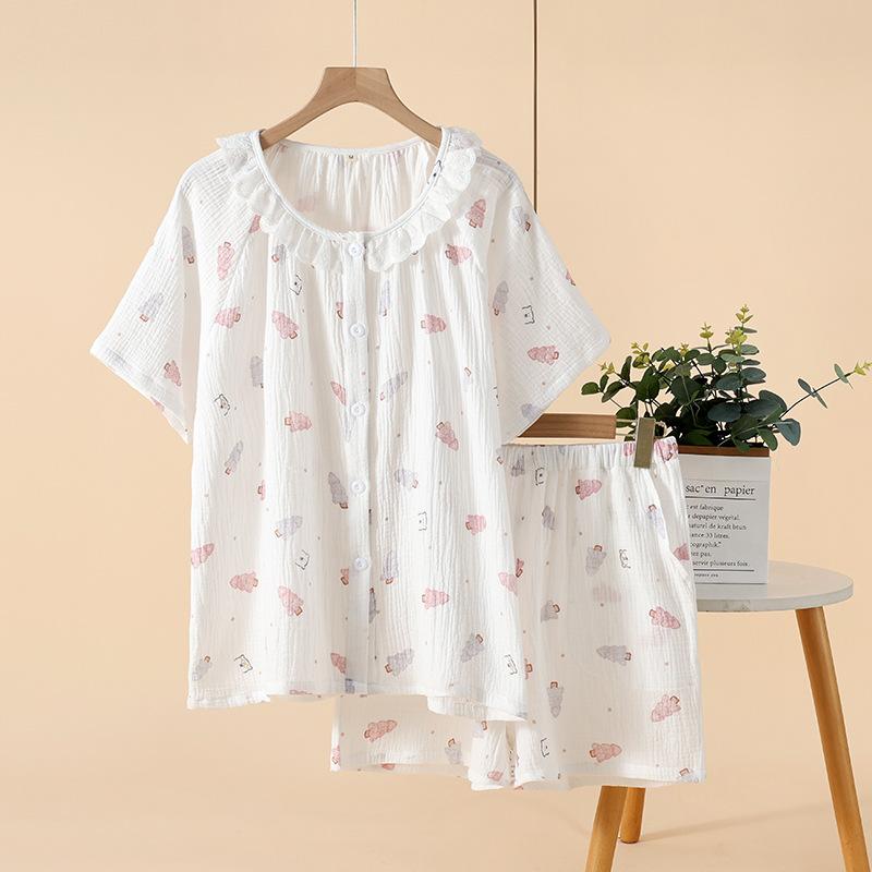 Pajamas Women's Summer Crepe Cotton Yarn Crew Neck Lace Cardigan Homewear Short Sleeve Shorts Loose Large Size Homewear