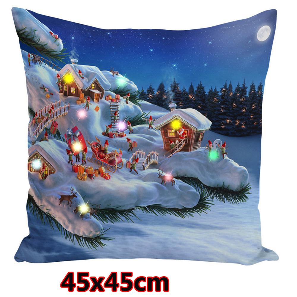 Weihnachten Leuchtende Lichterketten LED Kissenbezug 45x45cm Weihnachtsmann Elch Schnee Polyester Kissen Zuhause Geschenk Dekoration