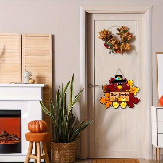 Thanksgiving Wooden Sign, Turkey and Pumpkin Welcome Wall Hanging Decor with Give Thanks, Rustic Farmhouse Fall Harvest Decoration for Front