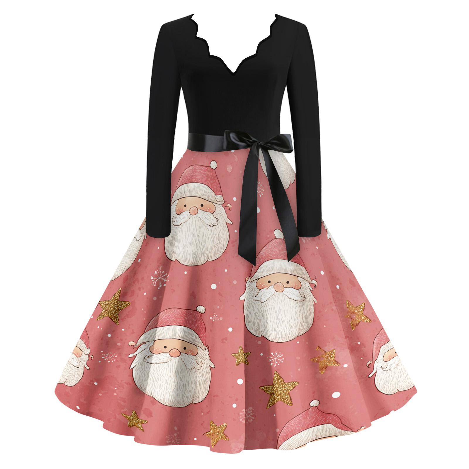 

Women s Casual Fashion V Neck Christmas Printed Vintage Dress XL