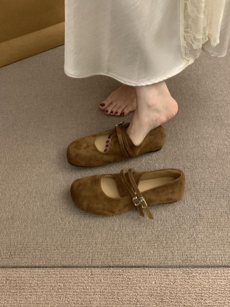 Literary style frosted leather Mary Jane shoes one-word buckle with shallow mouth round head flat-bottomed ballet shoes