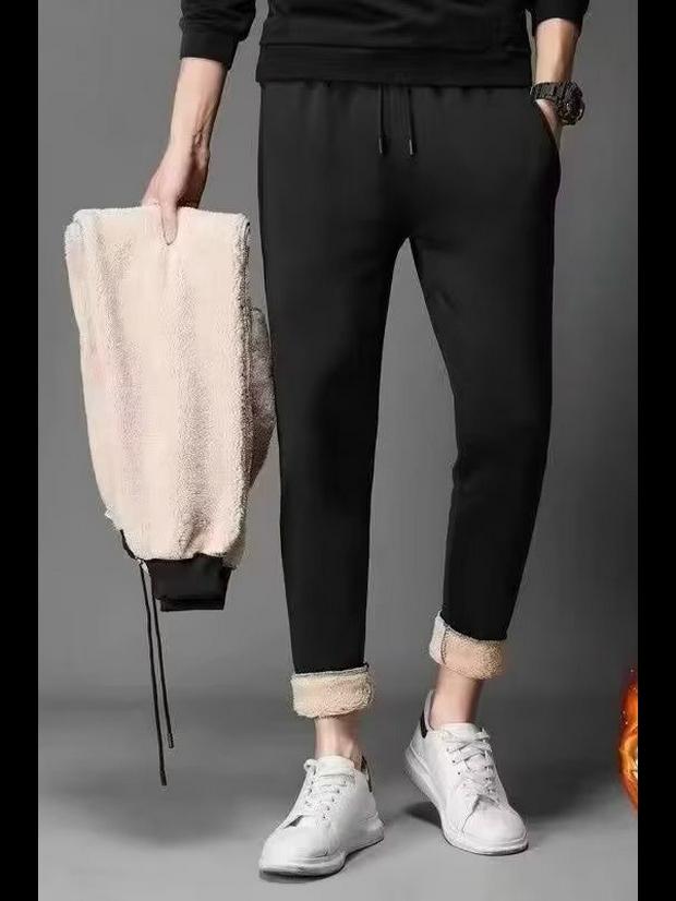 Męskie ciepłe legginsy z aksamitu jagnięcego: Jesień/Zima, Luźny krój, Jednolity kolor, Sportowa moda casualowa, Duże rozmiary.