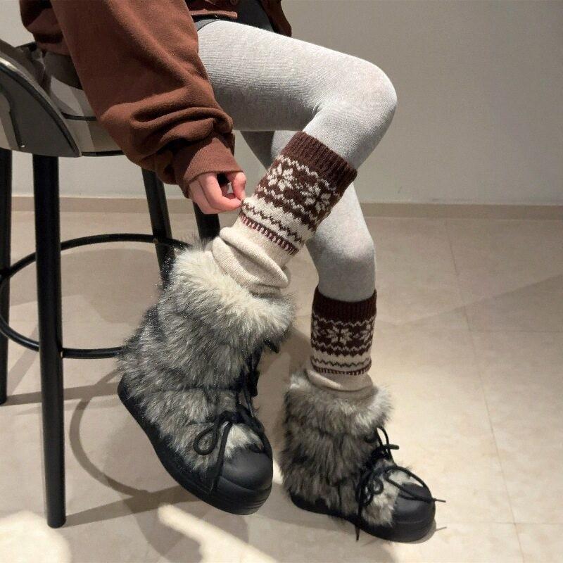 Autumn And Winter With Snow Boots, Coffee-Colored Thickened Socks, Snowflake Stacking Socks Y2K Millennium Maillard Leg Cover