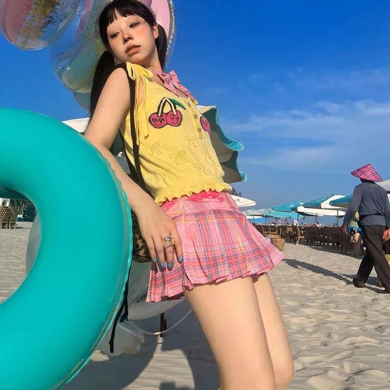 Preppy Style Pink Plaid Mini Skirts Women American Retro Y2k Kawaii Streetwear Embroidery A Line Skirts E-girl