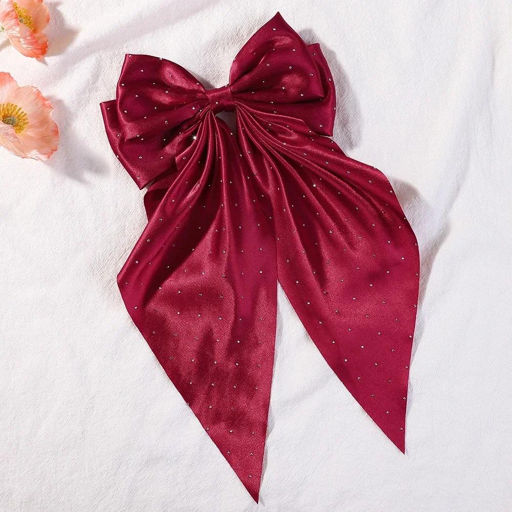 

Элегантная большая атласная заколка для волос с длинной кисточкой, бантиком и стразами для женщин и девочек, шпилька, заколка-автомат, головной убор, аксессуары для волос