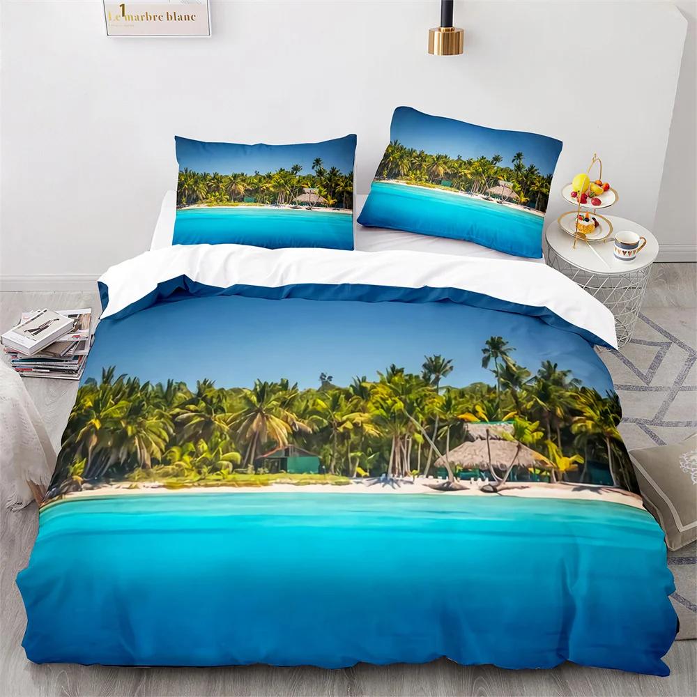 Täcke Strand Havssolnedgång Hawaiianska Vågor Täcke Tropisk Ö och Hav Strand Natur Polyester Sängkläder Set