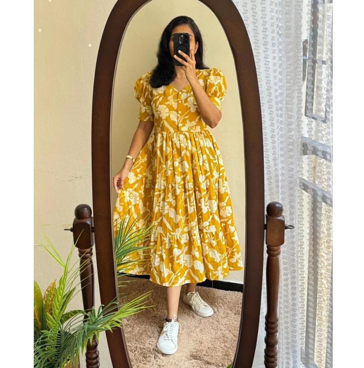 Женское дизайнерское хлопковое платье-туника миди с принтом, топ, туника, курти, платье для вечеринки M жёлтый