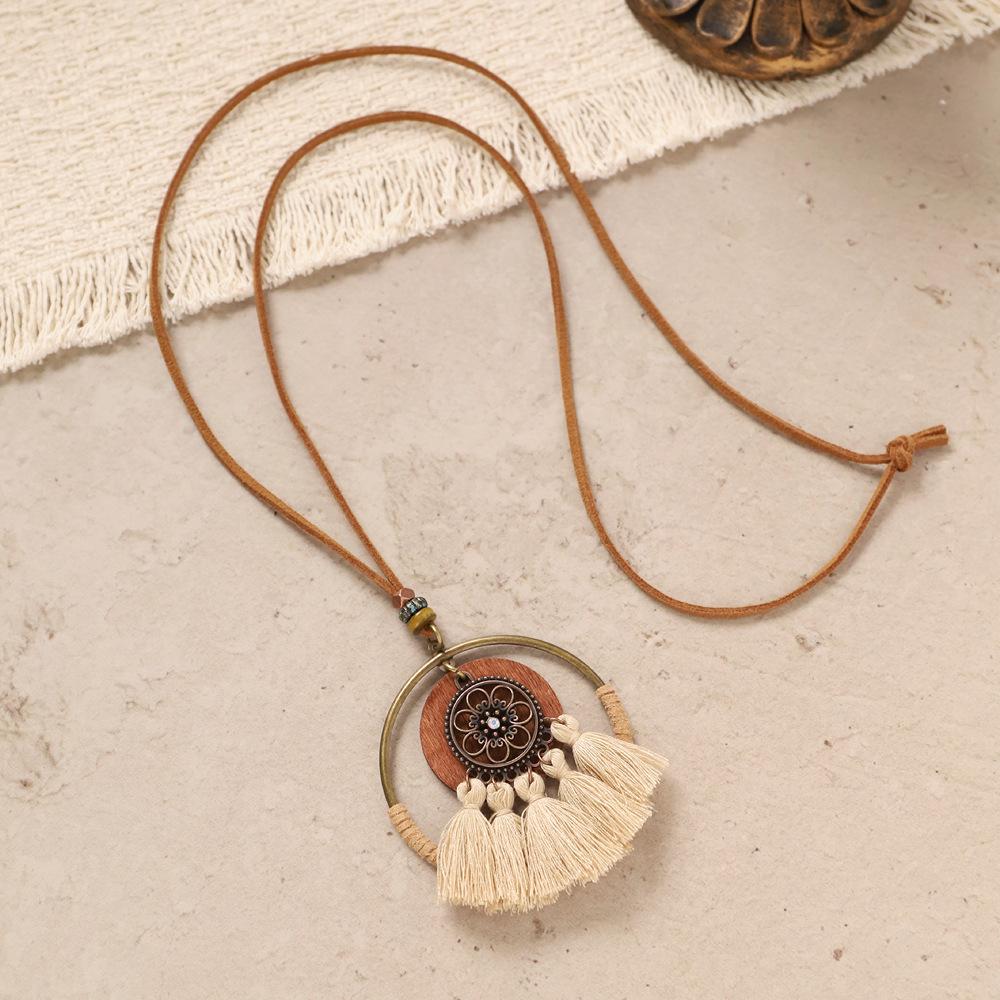 Bohemian style long necklace, vintage ethnic style knitted sweater chain accessory
