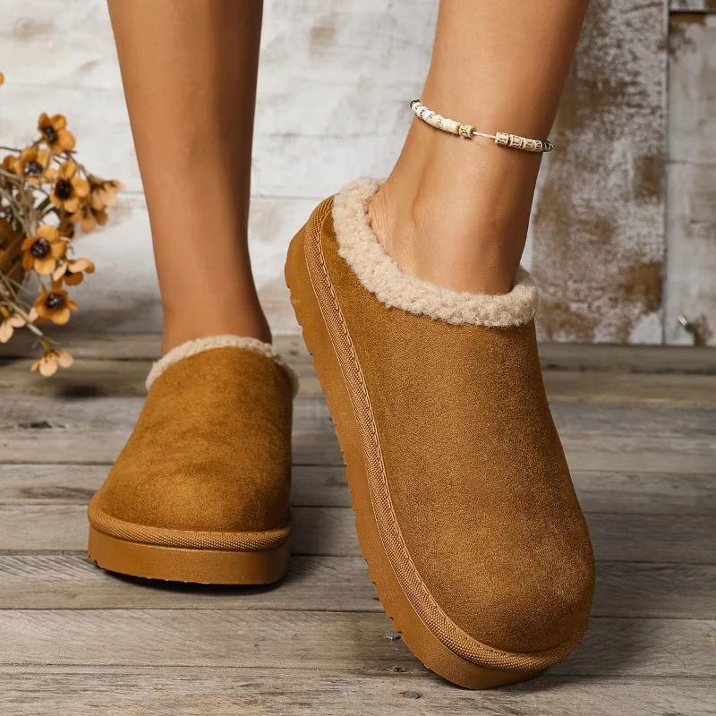 Módní dámské zimní zateplené fleecem teplé sněhule pro vnitřní i venkovní použití, protiskluzové bavlněné pantofle s kulatou špičkou, ploché boty, gumová podrážka