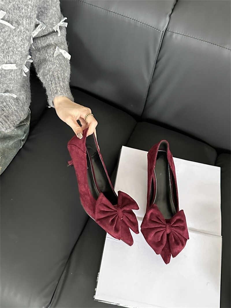 

2025 осень новые замшевые милые заостренные банты на тонком каблуке средний каблук одинарные туфли на низком каблуке легкие женские туфли ladyshoes 39