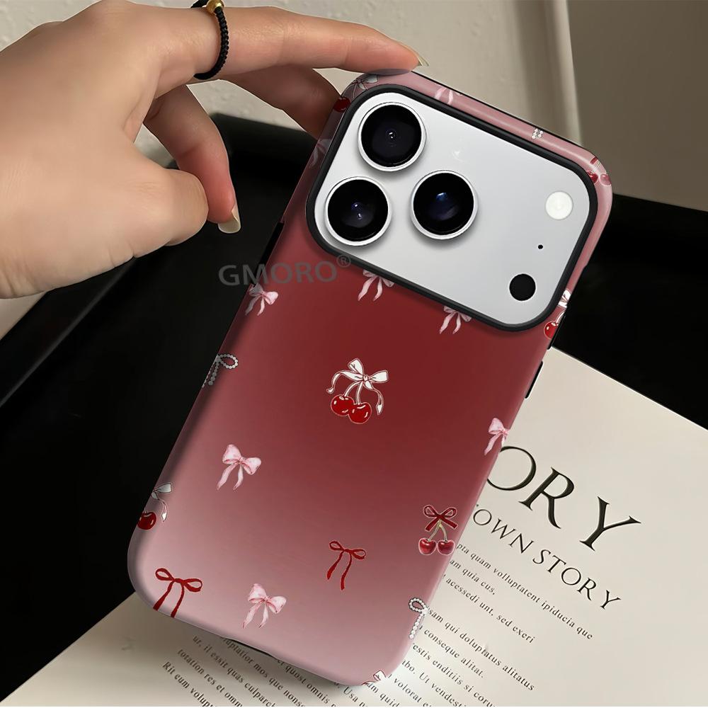 Burgundy gradual change cherry bow mobile phone case Apple 13 two-in-one film case iPhone17 magnetic protective case