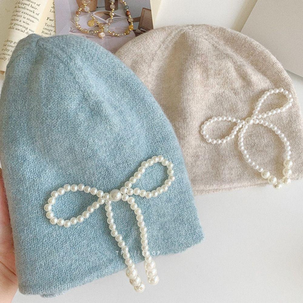 Ear Protector Pearl Bow Beanies Cap Casual Korean Wool Hat Stacking Knitted Bonnet Cap  Daily