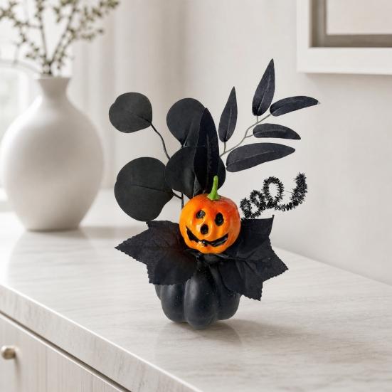 Halloween Spooky Pumpkin Decoration, Eyeball Pumpkin Figurine with Black Artificial Leaves, Holiday Party Ornament for Home, Office, Haunted House