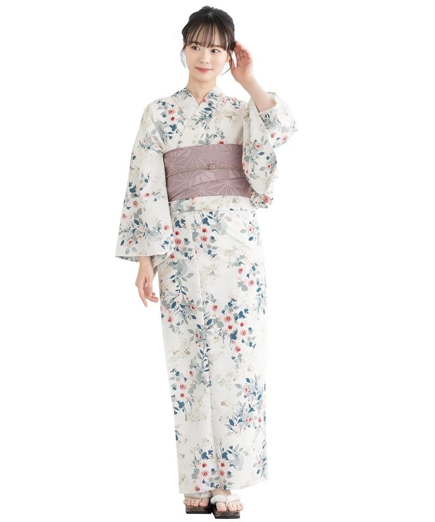 SOUBIEN Floro Yukata Set Free Scarlet Everbloom with Grayish Women's 2-Piece (Yukata/Half-Width Obi), Size, Purple, Ykt10140-obh10017