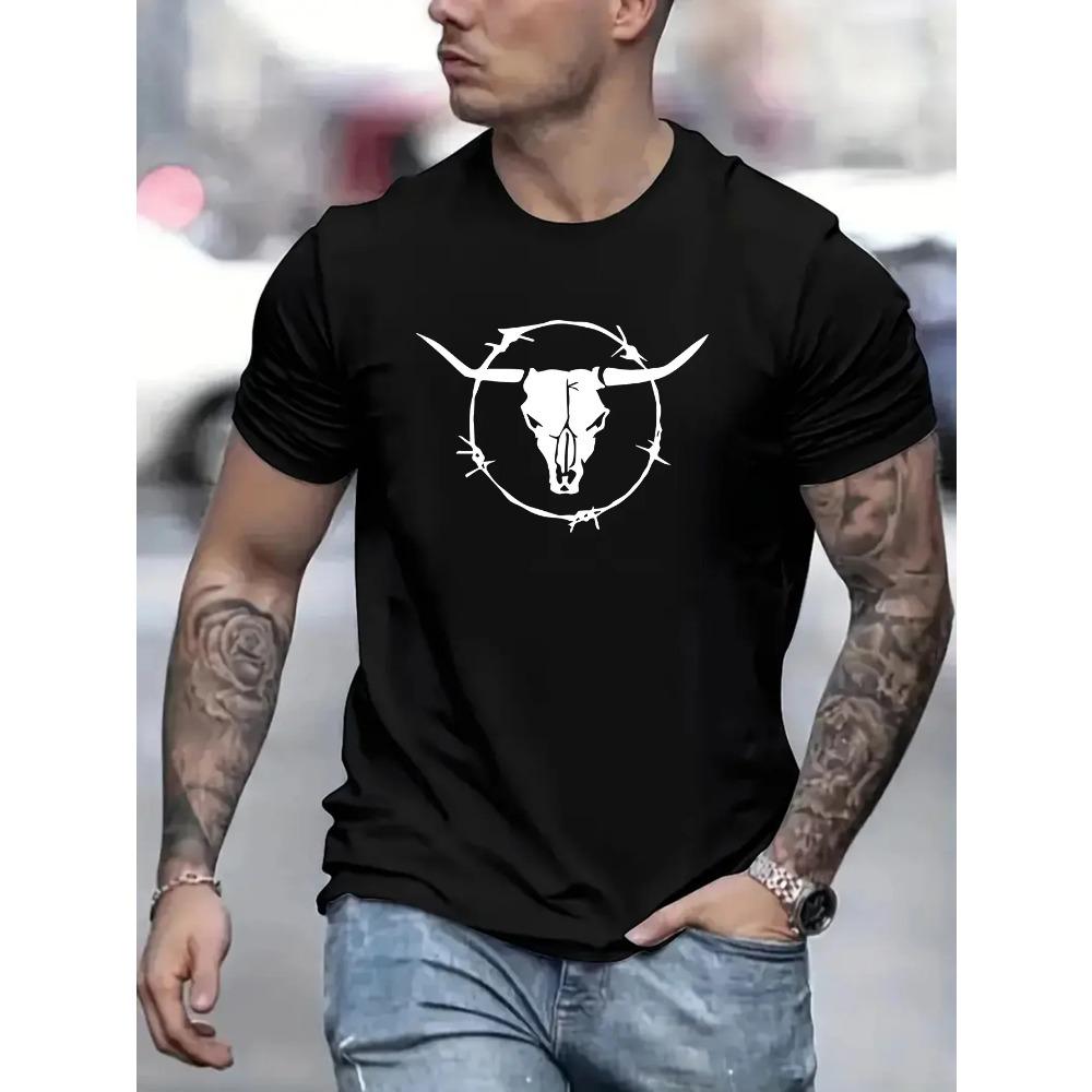 Men's Summer 100 Cotton Fashionable Casual Loose Plus Size Bull Skull Print Sports Round Neck Short Sleeved T-shirt Top