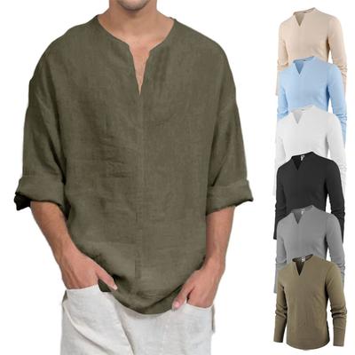 Cotton Linen V-neck Long Sleeve T-shirt for Men Casual Solid Color Lightweight Breathable Cozy Tops Male Fashion Tees