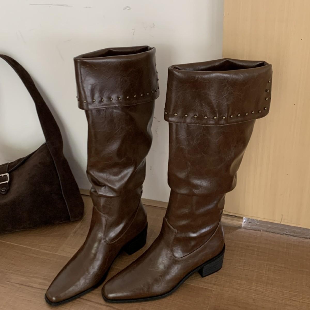 

2025 Fashion Spice Girl Pleated Autumn and Winter Pile Boots Women s Autumn and Winter Design Sense Pointed Rivet Fashion Boots High Heel Knight 39