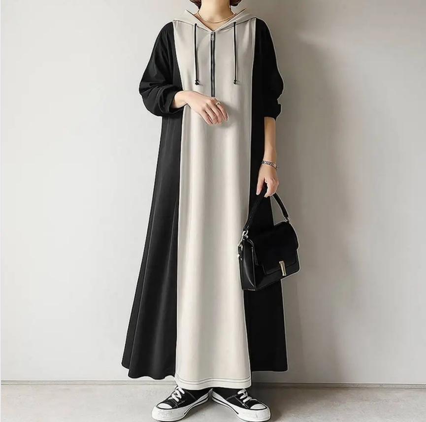 Japanese  Korean Style Women s Hooded Zipper Color Block Long Sleeve Casual Dress - Spring  Autumn 2025 Collection S чёрный
