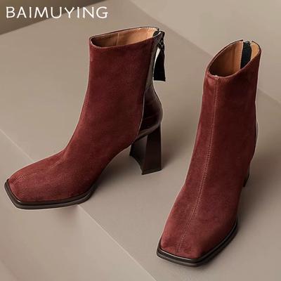 Suede Square Toe Women Ankle Boots Chunky Fashion High Heels Shoes 2025 Trend Designer Pumps New Gladiator Winter Botas De Mujer