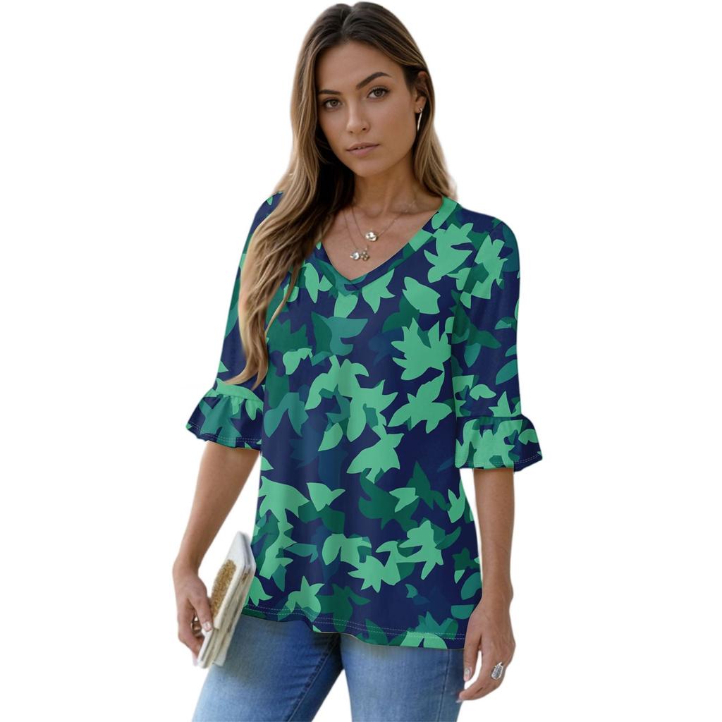 Women's Casual 3/4 Sleeve Tops V-Neck Sleeve T-Shirt Floral Print Tops