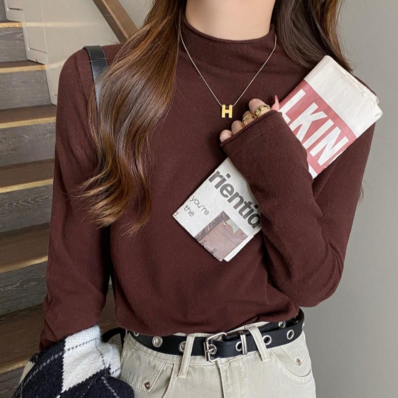 Høst Tynn Underdel Ensfarget Basis Pullover Genser for Kvinner Vinter Langermet Halvhøy Hals Strikkede Gensere Damer Elegant Casual Strikkeplagg 24843