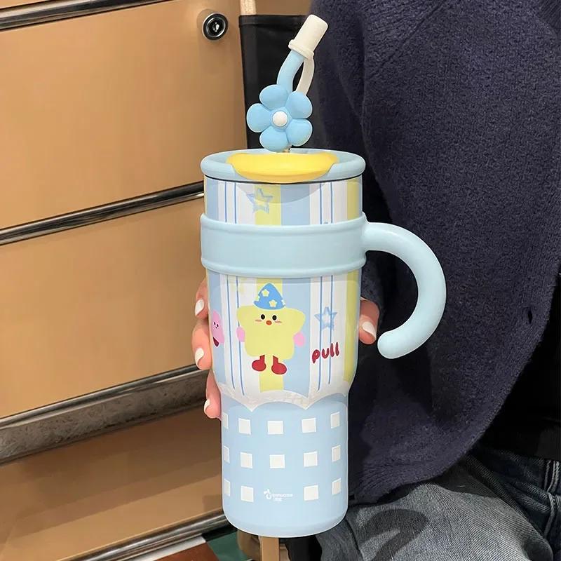 Large Capacity Tumbler with Handle Lid Straw Cute Cat Thermos Cup Stainless Steel Water Bottle Outdoor Travel Coffee Mug Gift