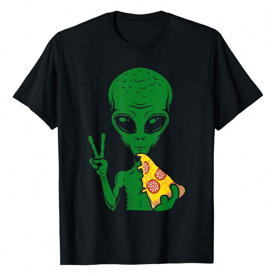 Alien Devouring Pizza on UFO T-Shirt S разноцветный