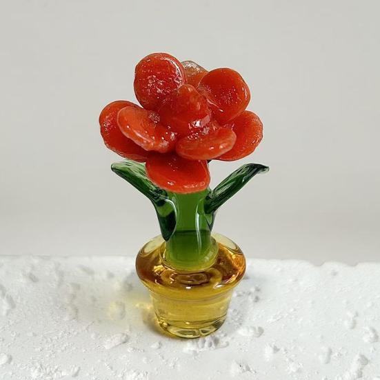 Mini Glass Rose Flower with Pot Colorful Rose Flower Ornaments Collectible Hand Blown Faux Crystal Flower Figurine for Mother's Day Birthday Table