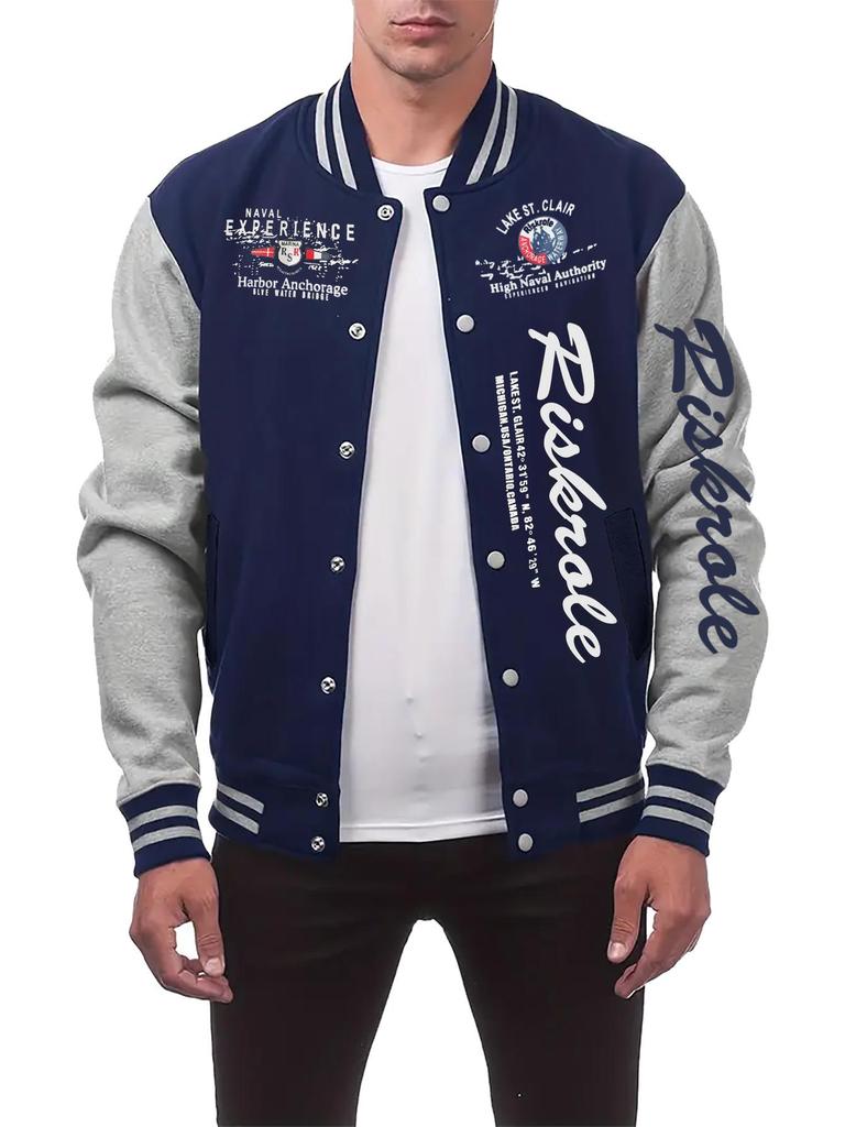 Men's Stand Collar Letter Print Baseball Cardigan Jacket