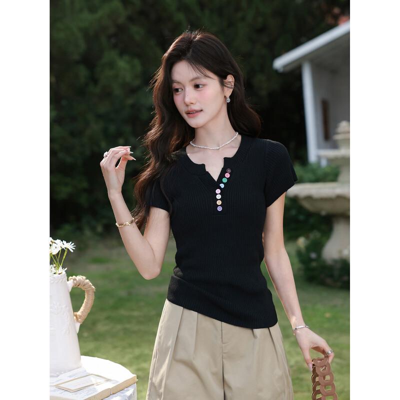 

Women s Slim Fit Short Sleeve Color-Button Knit Top M
