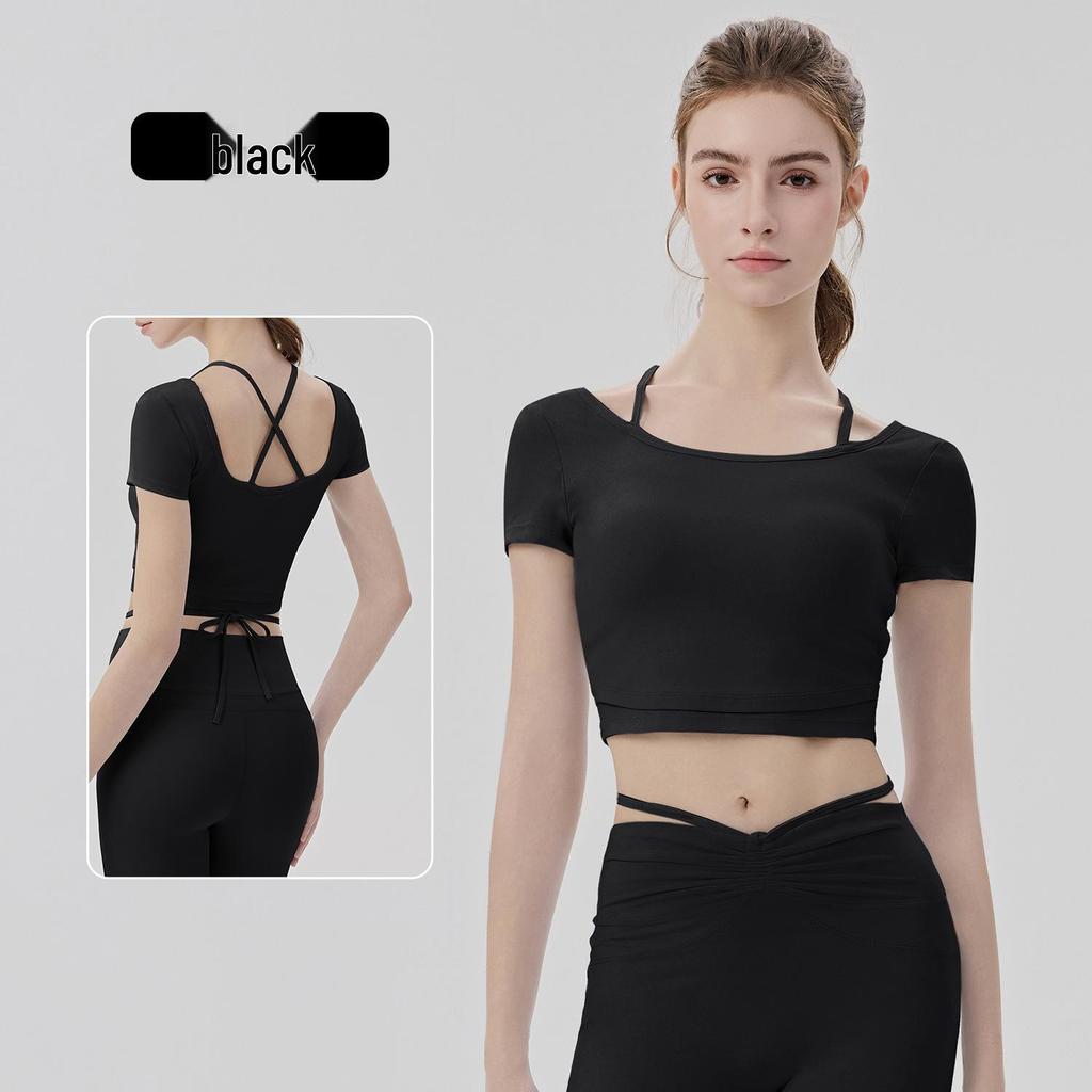 Women's Cooling Yoga Suit: Short Sleeve Top with Built-in Bra & Draping Tie-up Micro Flare Pants Set