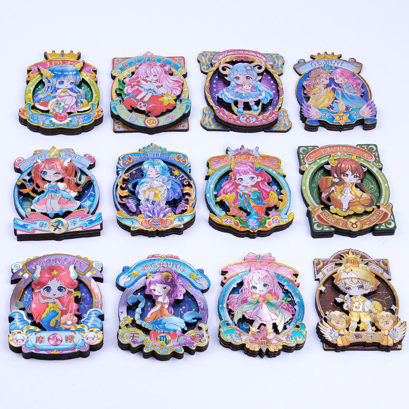 Soft Magnetic Wooden & Aluminum Foil Cartoon Zodiac Refrigerator Magnet Set