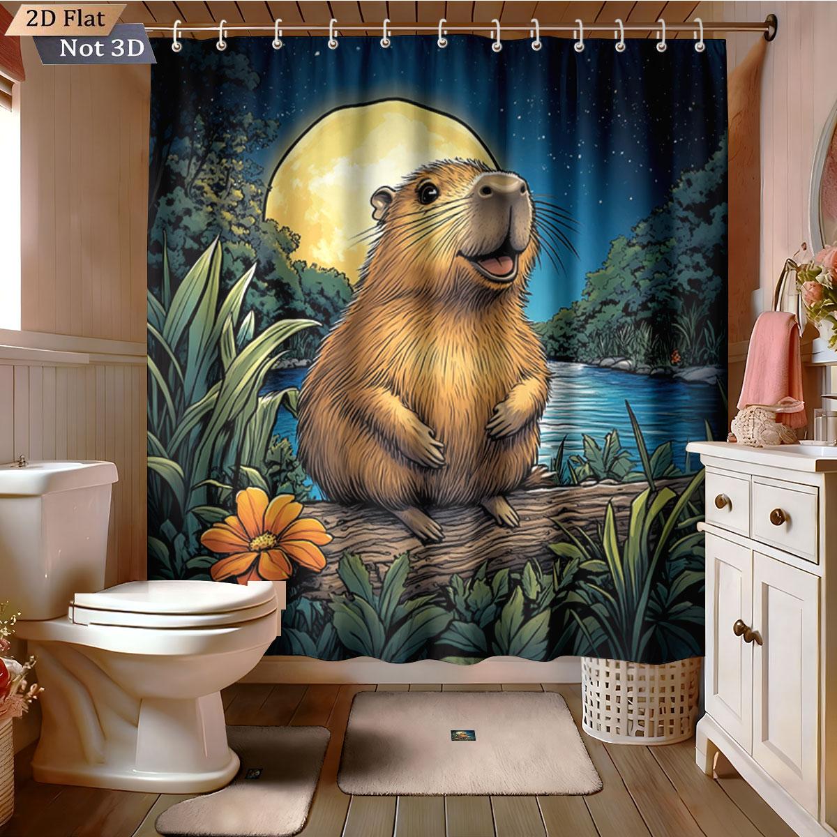 4pcs Capibala Printed Bathroom Set 180x180 Waterproof Shower Curtain With 12 Hook Type Floor Mats, Toilet Mats, U-Shaped Mats 4pcs