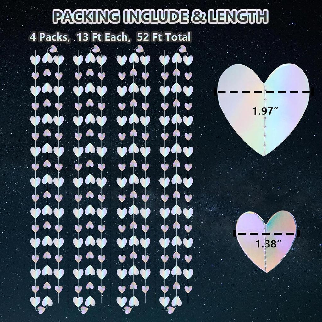 200 Pcs Iridescent Heart-52 FT Garland Party-Decorations Streamers Banner - Disco Kpop Birthday Holiday Girls Dancing Queen Princess Bachelorette