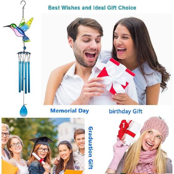 Evealyn Outdoor Hummingbird Wind Chimes, Indoor Handing Stained Glass Metal Music Beautiful Wind Chimes for Home, Balcony,Window, Garden, Yard,