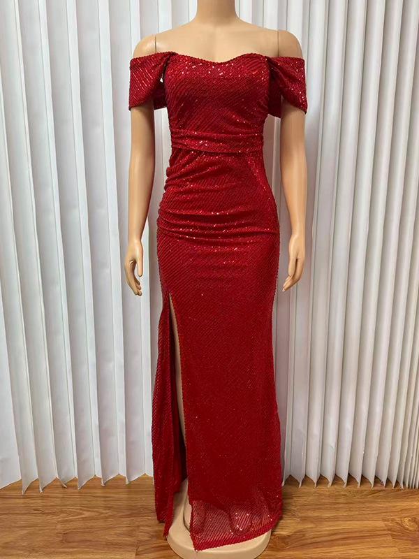 Elegant Sequin Slit One-Shoulder Long Dress - High-End Fashion for Women