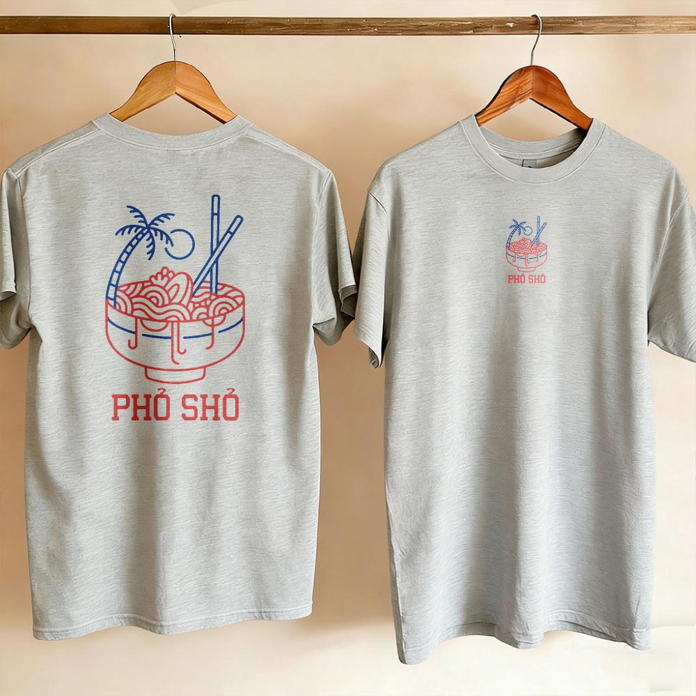 Unisex Women Cotton Crew Neck T Shirt Pho Sho Front Back Double Side Print Palm Tree Vietnamese Noodle Bowl Graphic Casual Foodie