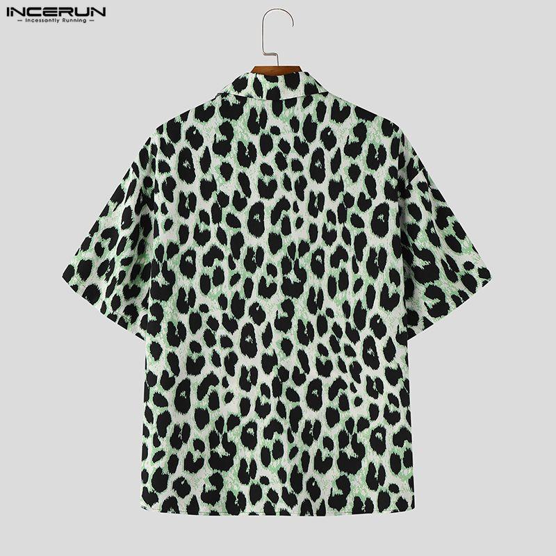 INCERUN Oversized Men's Short Sleeve Lapel Collar Button Up Leopard Print Shirts Tops