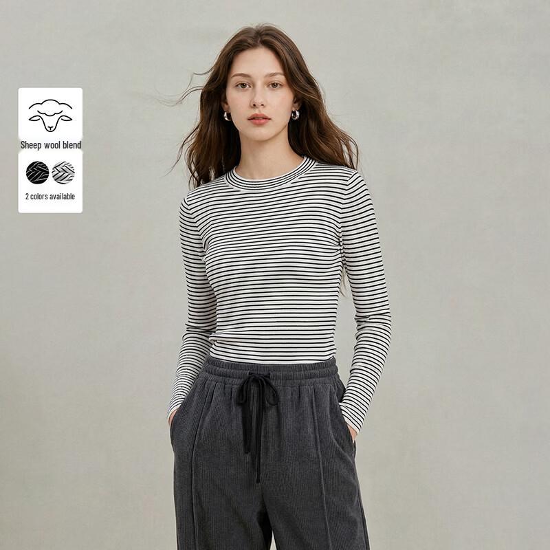 INMAN Women s Striped Semi-High Neck Knit Top L