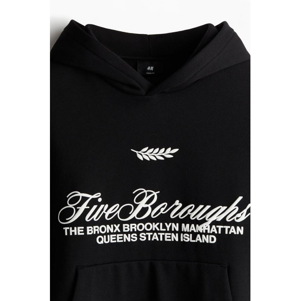 H M Loose Fit Printed Hoodie Black Five borougHs