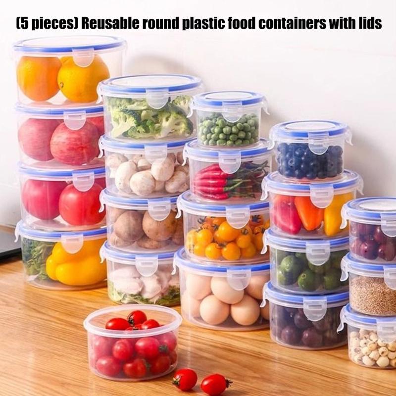 Round Plastic Storage Container With Lids For Kitchen And Freezer Safe Use P9YB