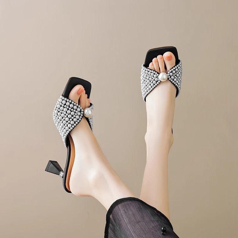 Fashion Aphixta Luxury Pearls Women High Heels Mule Sandal Square Toe Elegant Woman Summer Shoes Spike Heel Fashion Shoes for Woman