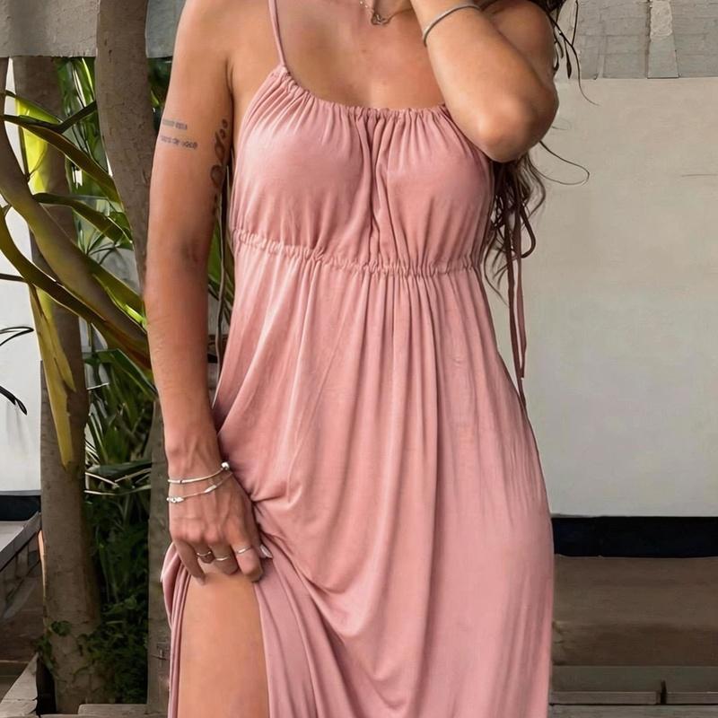 Women's Spaghetti Strap Maxi Dress Drawstring Bust Loose Fit Side Slit Summer Dress