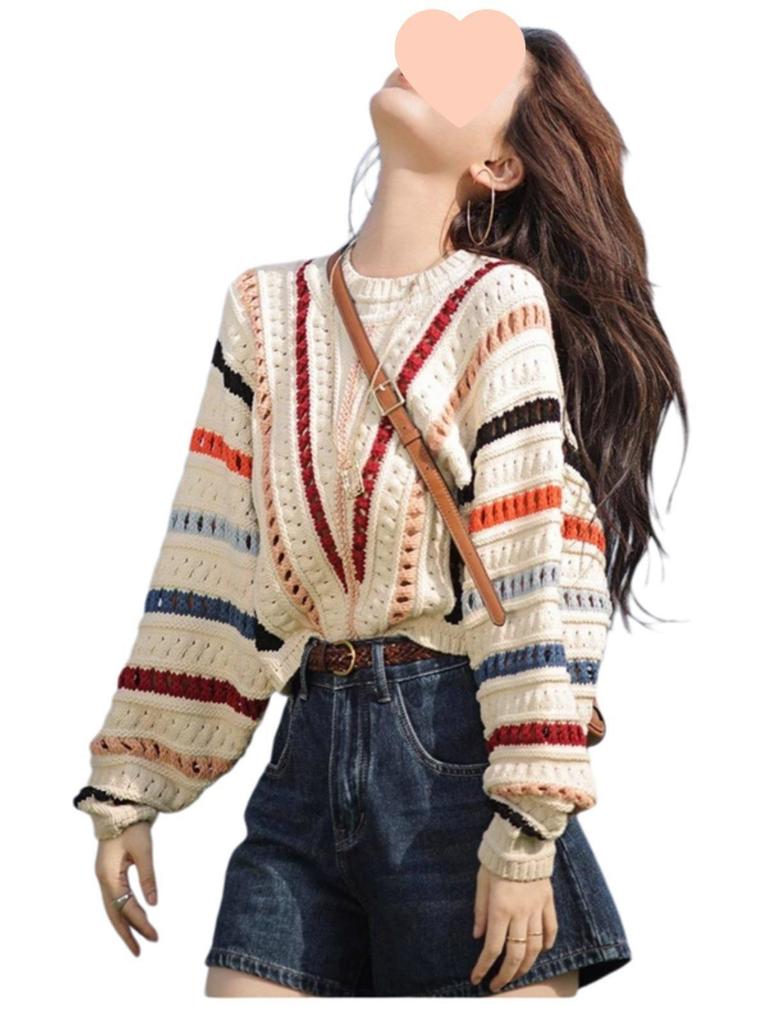 Dámský barevný pruhovaný háčkovaný svetr - Volný, trendy jarní/letní pletený top