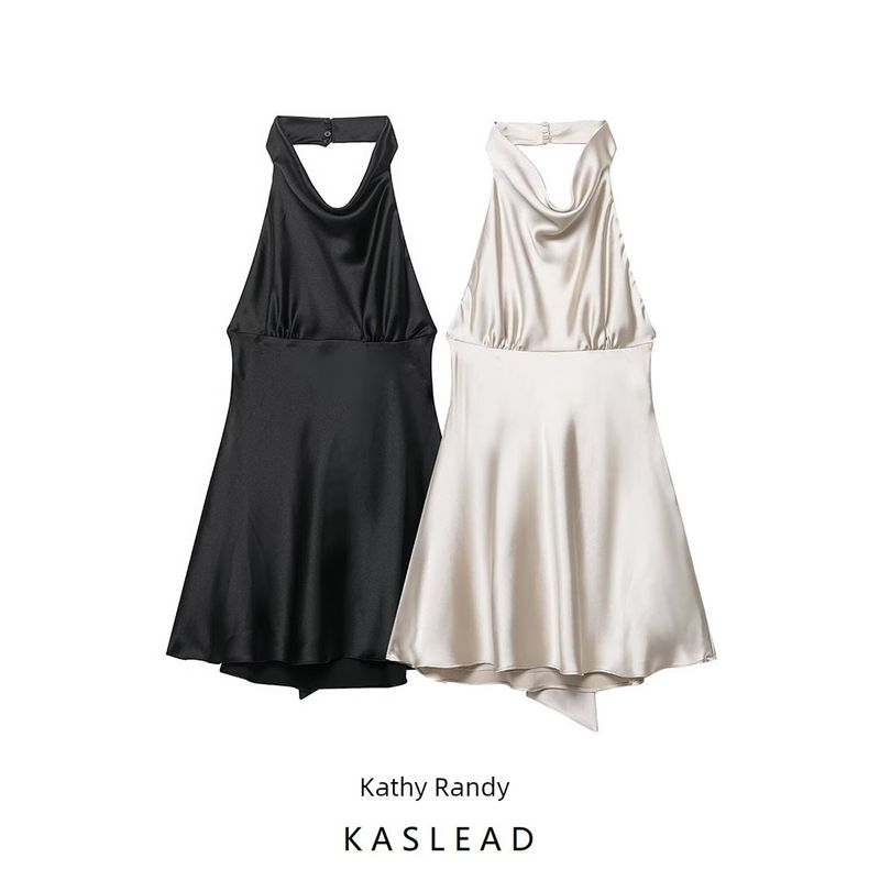 Kaslead New Women Clothes Western Style Silk Texture Satin Hanging Neck Dress 8482331
