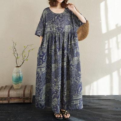 Kurzarm Plus Size Baumwolle Vintage Blumenmuster Neu in Kleidern für Damen lässig locker langes Sommerkleid