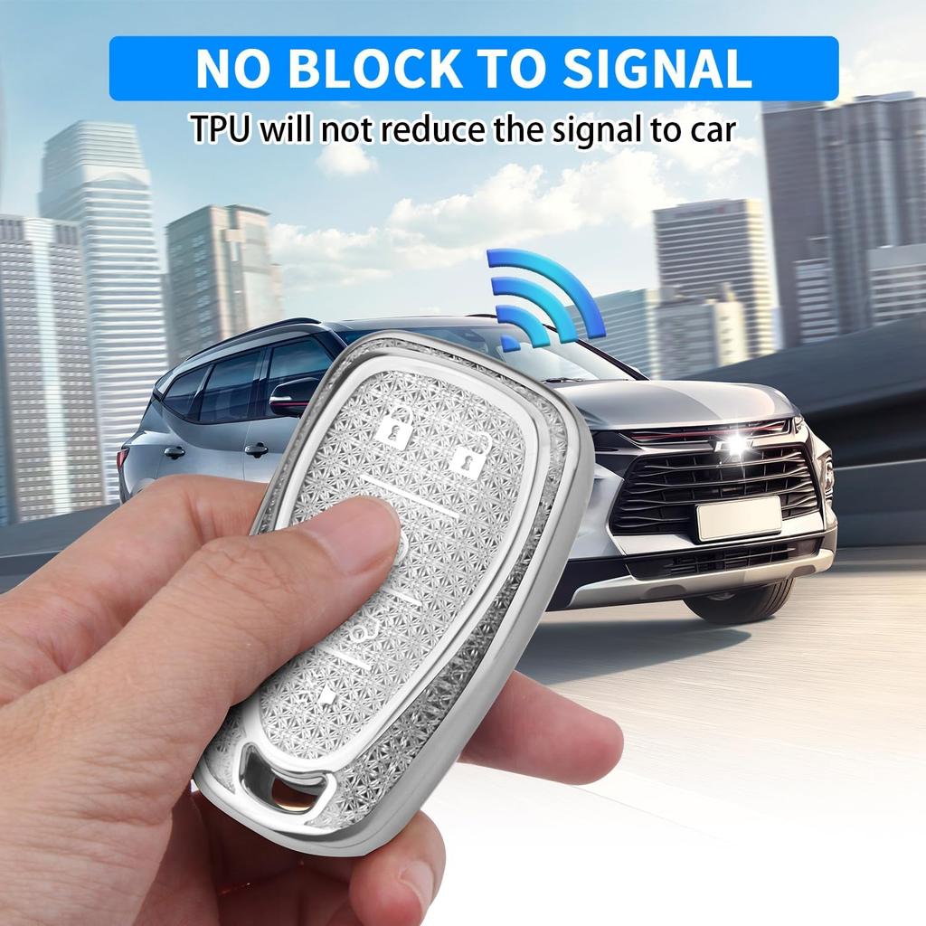 QBUC For Chevy Key Fob Cover With Diamond Keychain, 5 Button Key Case For Women For Chevrolet Equinox Malibu Camaro Blazer Cruze Traverse Trax Volt