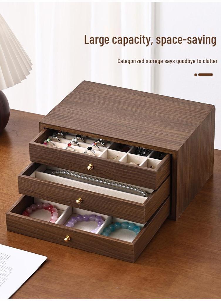 Walnut Multi-Layer Wooden Jewelry Box - Dustproof Organizer for Earrings, Rings, and Necklaces